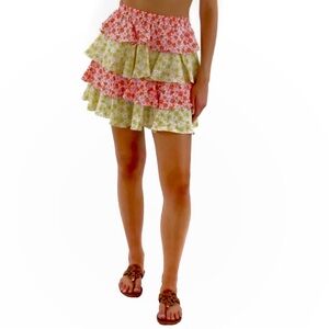 Sadie & Sage Floral Tiered Ruffle Mini Skirt Fiesta Red Pink & Green Size Medium